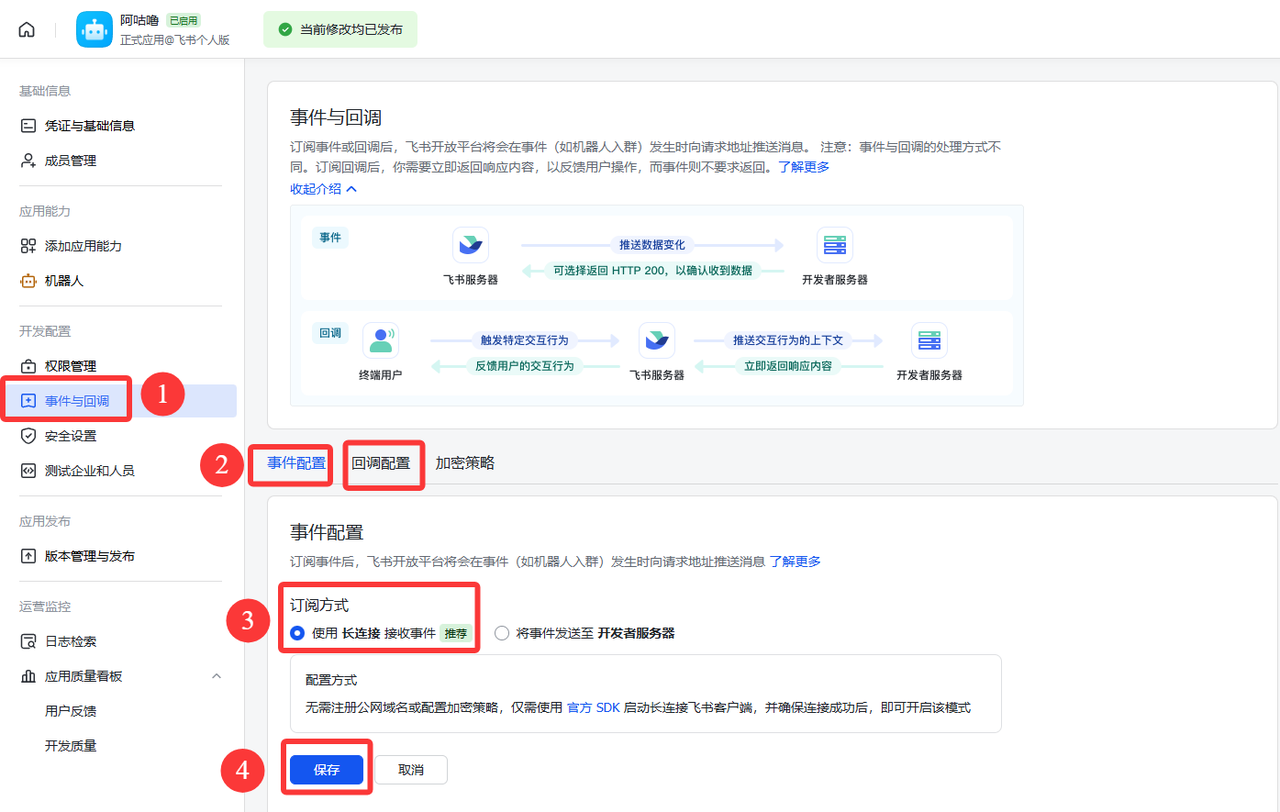 图片展示了飞书开放平台中事件与回调的配置界面。左侧为平台导航栏,选中“事件与回调”。右侧上方有事件与回调的介绍,下方是事件配置区域,有“使用长连接接收事件”和“将事件发送至开发服务器”两个选项,当前选中前者。下方还有配置方式说明。图片中红色数字标注了关键步骤:1为导航栏中“事件与回调”位置;2为事件配置区域;3为“使用长连接接收事件”选项;4为“保存”按钮。该图与文档中配置事件与回调的步骤6内容对应,直观呈现了操作界面。