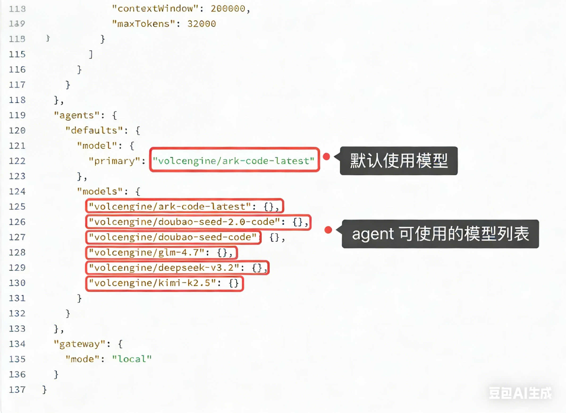图片展示的是配置文件中关于模型配置的部分代码。其中,“defaults”下的“model”中“primary”默认使用“volcengine/ark-code-latest”模型;“models”列表中列出了多个可使用的模型,包括“volcengine/ark-code-latest”“volcengine/doubao-seed-2.0-code”“volcengine/doubao-seed-code”等。该图片与文档中修改API配置相关,直观呈现了配置文件中模型配置的具体内容,帮助用户了解可选模型及默认模型。