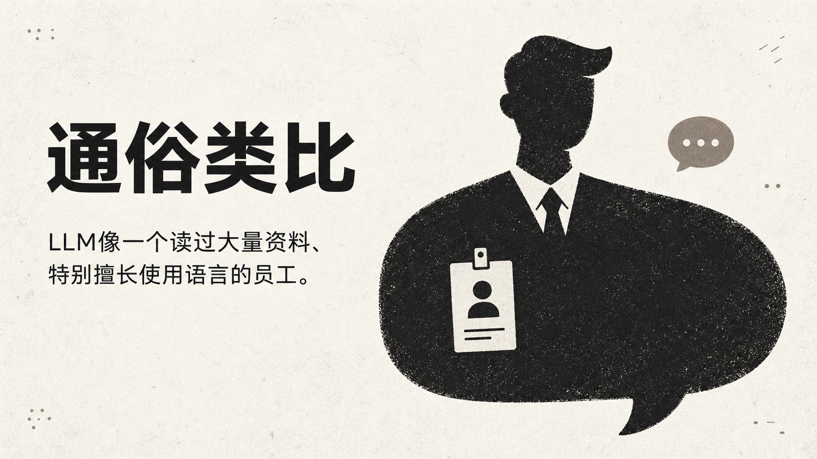 图片以“通俗类比”为标题，说明LLM像一个读过大量资料、特别擅长使用语言的员工。画面左侧文字对应标题及说明，右侧是一个黑色轮廓的男性形象，身穿西装，胸前挂有工作证，右侧有对话框图标。该图片与上下文紧密相关，通过形象化表达，直观说明LLM具备读取大量资料和擅长使用语言的特点，帮助读者更好地理解LLM的功能和工作方式。